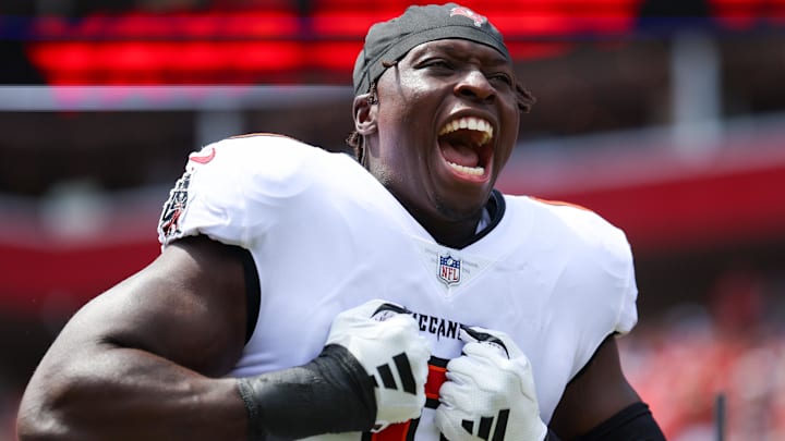 Sep 22, 2024; Tampa, Florida, USA; Tampa Bay Buccaneers linebacker Yaya Diaby (0) is introduced before a game against the Denver Broncos at Raymond James Stadium. Mandatory Credit: Nathan Ray Seebeck-Imagn Images