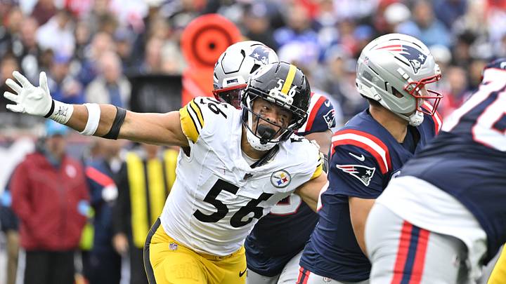 Sep 20, 2026; Foxborough, Massachusetts, USA; Pittsburgh Steelers linebacker Alex Highsmith (56) closes in on New England Patriots quarterback Drake Maye (10) in the second half at Gillette Stadium. Mandatory Credit: Eric Canha-Imagn Images Sep 20, 2026; Foxborough, Massachusetts, USA; Pittsburgh Steelers linebacker Alex Highsmith (56) closes in on New England Patriots quarterback Drake Maye (10) in the second half at Gillette Stadium. Mandatory Credit: Eric Canha-Imagn Images