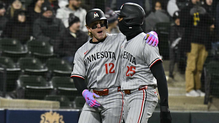 Apr 1, 2025; Chicago, Illinois, USA; Minnesota Twins outfielder Harrison Bader (12) celebrates with Minnesota Twins outfielder Byron Buxton (25) after they scored on Bader’s three run home against the Chicago White Sox during the eighth inning at Guaranteed Rate Field. Apr 1, 2025; Chicago, Illinois, USA; Minnesota Twins outfielder Harrison Bader (12) celebrates with Minnesota Twins outfielder Byron Buxton (25) after they scored on Bader’s three run home against the Chicago White Sox during the eighth inning at Guaranteed Rate Field.