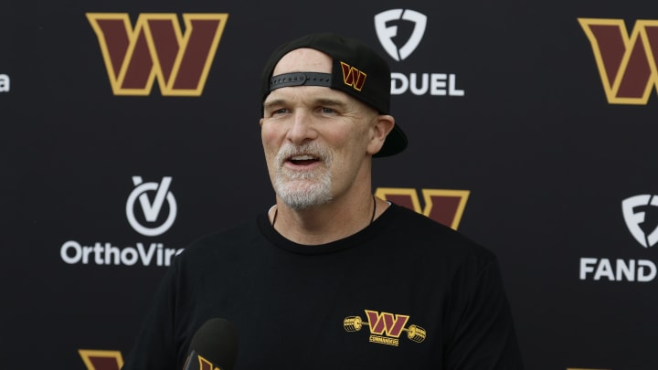 Jun 5, 2024; Ashburn, VA, USA; Washington Commanders head coach Dan Quinn speaks with the media prior to an OTA workout at Commanders Park. Mandatory Credit: Geoff Burke-USA TODAY Sports