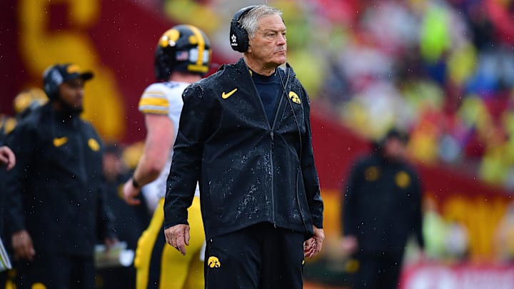 Nov 15, 2025; Los Angeles, California, USA; Iowa Hawkeyes head coach Kirk Ferentz watches game action against the Southern California Trojans during the first half at the Los Angeles Memorial Coliseum. Mandatory Credit: Gary A. Vasquez-Imagn Images
