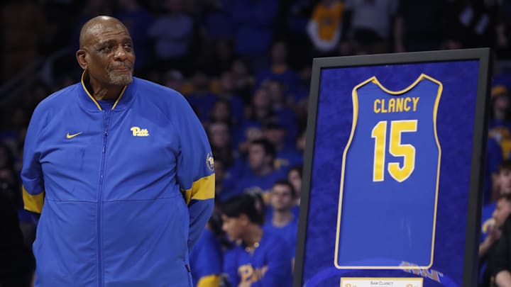 Jan 18, 2025; Pittsburgh, Pennsylvania, USA; Pittsburgh Panthers former center Sam Clancy reacts as his number 15 is officially retired by the University during halftime in the game against the Clemson Tigers at the Petersen Events Center. Mandatory Credit: Charles LeClaire-Imagn Images