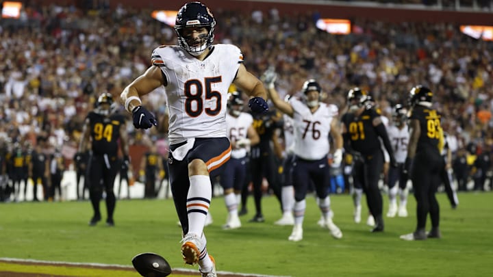 Cole Kmet drops the ball after crossing the goal line and begins celebrating after scoring a touchdown against Washington last year. Cole Kmet drops the ball after crossing the goal line and begins celebrating after scoring a touchdown against Washington last year.
