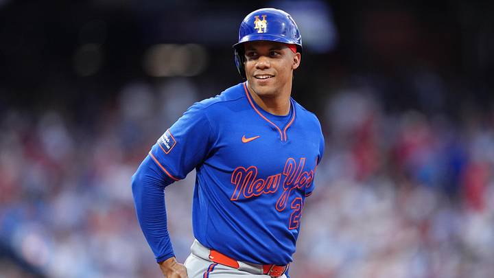 New York Mets outfielder Juan Soto (22) reacts after hitting a single against the Philadelphia Phillies in the third inning at Citizens Bank Park. Mandatory Credit: Kyle Ross-Imagn Images