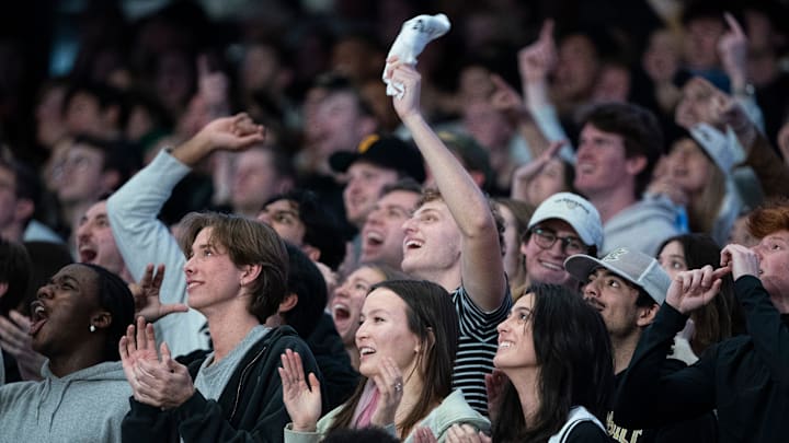 Vanderbilt Commodores fans cheer on their team against the Kentucky Wildcats during their game at Memorial Gym in Nashville, Tenn., Saturday, Jan. 25, 2025.