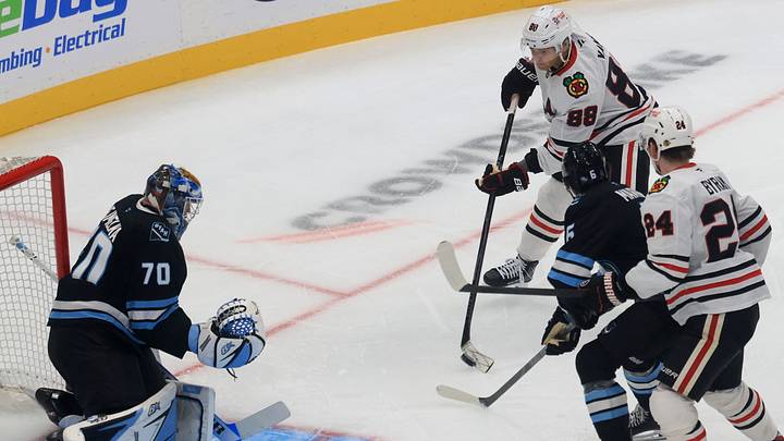  The Chicago Blackhawks' new additions Patrick Kane and Bowen Byram. Mandatory Credit: Rob Gray-Imagn Images