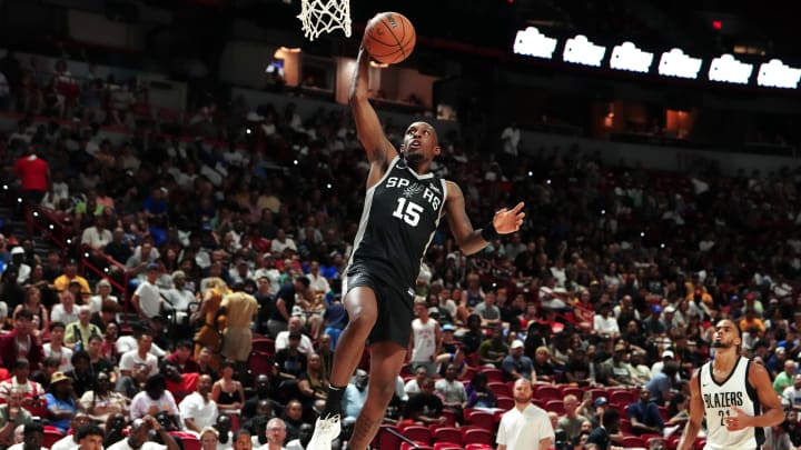 Jul 13, 2024; Las Vegas, NV, USA; San Antonio Spurs guard Jamaree Bouyea (15) shoots against the Portland Trail Blazers during the second quarter at Thomas & Mack Center. 