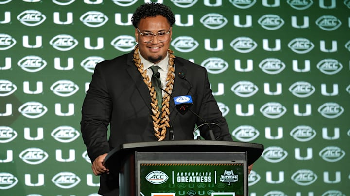Jul 22, 2025; Charlotte, NC, USA; Miami offensive lineman Francis Mauigoa, Jr answers questions from the media during ACC Media Days at Hilton Charlotte Uptown. Mandatory Credit: Jim Dedmon-Imagn Images Jul 22, 2025; Charlotte, NC, USA; Miami offensive lineman Francis Mauigoa, Jr answers questions from the media during ACC Media Days at Hilton Charlotte Uptown. Mandatory Credit: Jim Dedmon-Imagn Images