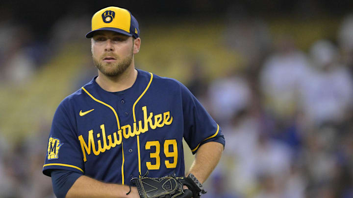 Aug 17, 2023; Los Angeles, California, USA;  Milwaukee Brewers starting pitcher Corbin Burnes (39)