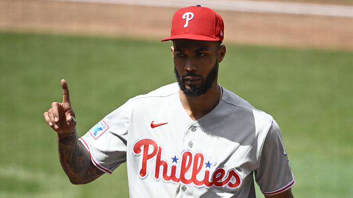 May 27, 2026; San Diego, California, USA; Philadelphia Phillies pitcher Cristopher Sanchez (61) points skyward after pitching during the seventh inning against the San Diego Padres at Petco Park May 27, 2026; San Diego, California, USA; Philadelphia Phillies pitcher Cristopher Sanchez (61) points skyward after pitching during the seventh inning against the San Diego Padres at Petco Park