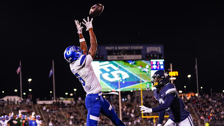 Nov 1, 2024; East Hartford, Connecticut, USA; Georgia State Panthers wide receiver Ted Hurst (16) makes a touchdown catch against the Connecticut Huskies in the second quarter at Rentschler Field at Pratt & Whitney Stadium. Mandatory Credit: David Butler II-Imagn Images