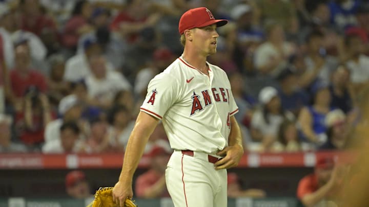 Sep 3, 2024; Anaheim, California, USA; Los Angeles Angels relief pitcher Ben Joyce (44) turns to take a look at the scoreboard after striking out Los Angeles Dodgers shortstop Tommy Edman (25) on a 105.5 mph pitch in the eighth inning at Angel Stadium. Mandatory Credit: Jayne Kamin-Oncea-Imagn Images Sep 3, 2024; Anaheim, California, USA; Los Angeles Angels relief pitcher Ben Joyce (44) turns to take a look at the scoreboard after striking out Los Angeles Dodgers shortstop Tommy Edman (25) on a 105.5 mph pitch in the eighth inning at Angel Stadium. Mandatory Credit: Jayne Kamin-Oncea-Imagn Images
