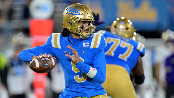 Nov 22, 2025; Pasadena, California, USA;  UCLA Bruins quarterback Nico Iamaleava (9) sets to pass the ball during the first half against the Washington Huskies at the Rose Bowl. Mandatory Credit: Jayne Kamin-Oncea-Imagn Images