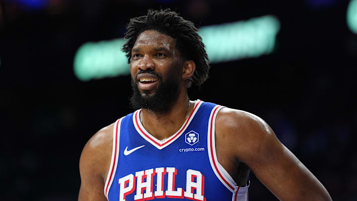 Feb 4, 2025; Philadelphia, Pennsylvania, USA; Philadelphia 76ers center Joel Embiid (21) looks on against the Dallas Mavericks in the first quarter at Wells Fargo Center. Mandatory Credit: Kyle Ross-Imagn Images Feb 4, 2025; Philadelphia, Pennsylvania, USA; Philadelphia 76ers center Joel Embiid (21) looks on against the Dallas Mavericks in the first quarter at Wells Fargo Center. Mandatory Credit: Kyle Ross-Imagn Images