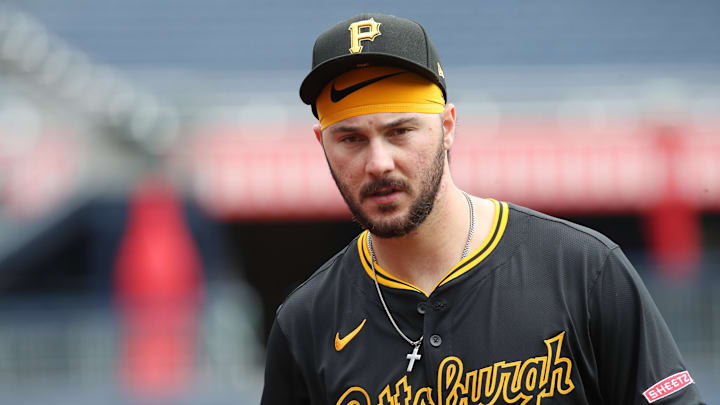 Apr 5, 2025; Pittsburgh, Pennsylvania, USA;  Pittsburgh Pirates pitcher Paul Skenes (30) looks on before the game against the New York Yankees at PNC Park. Mandatory Credit: Charles LeClaire-Imagn Images
