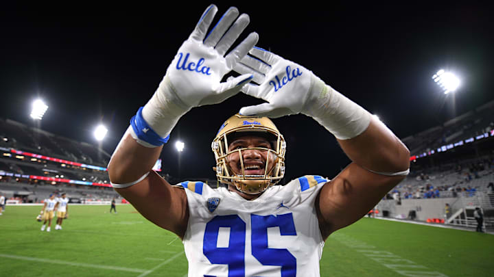 Sep 9, 2023; San Diego, California, USA; UCLA Bruins defensive lineman Sitiveni Havili-Kaufusi (95) waves to the crowd after the game against the San Diego State Aztecs at Snapdragon Stadium. Mandatory Credit: Orlando Ramirez-Imagn Images