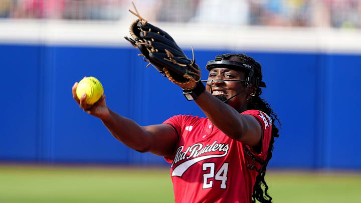 Texas Tech's NiJaree Canady (24) throws a pitch in the first inning of the Women's College World Series softball game between the Texas Tech Raiders and the Oklahoma Sooners at Devon Park in Oklahoma City, Monday, June, 2, 2025.