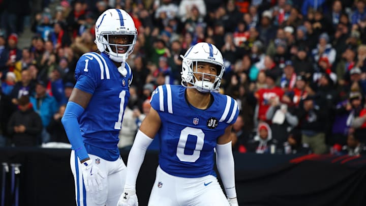 [US, Mexico & Canada customers only] Nov 9, 2025; Berlin, GERMANY; Indianapolis Colts cornerback Sauce Gardner (1) and Indianapolis Colts safety Cam Bynum (0) react against the Atlanta Falcons during the Berlin Game at Olympic Stadium. 