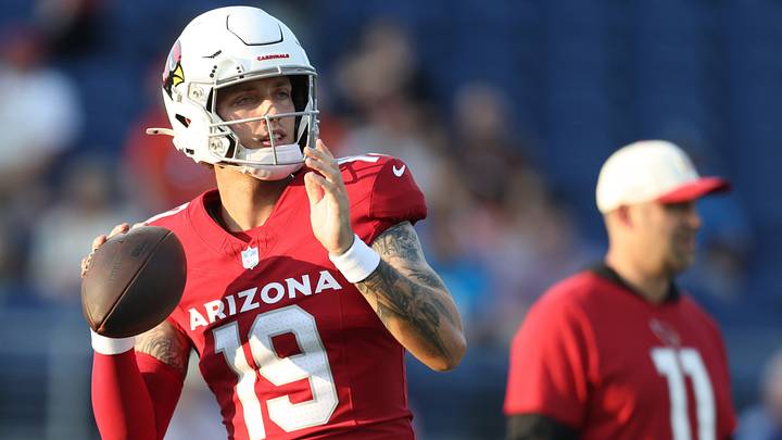 Aug 6, 2026; Canton, Ohio, USA;  Arizona Cardinals quarterback Carson Beck (19) warms up before playing the the Carolina Panthers at Tom Benson Hall of Fame Stadium. 