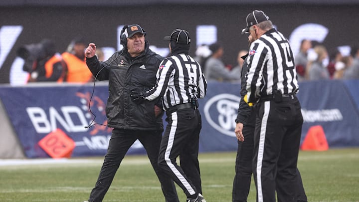Dec 28, 2024; Bronx, NY, USA; Boston College Eagles head coach Bill O'Brien reacts during the second half against the Nebraska Cornhuskers at Yankee Stadium. Mandatory Credit: Vincent Carchietta-Imagn Images