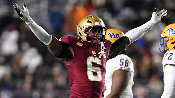 Nov 30, 2024; Chestnut Hill, Massachusetts, USA; Boston College Eagles defensive end Donovan Ezeiruaku (6) reacts after a sack against the Pittsburgh Panthers during the second half at Alumni Stadium. Mandatory Credit: Brian Fluharty-Imagn Images