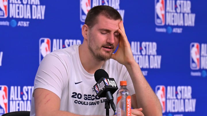 Feb 14, 2026; Los Angeles, CA, USA; Team World center Nikola Jokic (15) of the Denver Nuggets during a news conference for the NBA All Star game at Intuit Dome. Mandatory Credit: Jayne Kamin-Oncea-Imagn Images