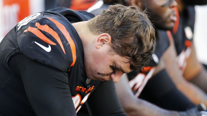 Cincinnati Bengals defensive end Trey Hendrickson (91) hangs his head on the sideline in the fourth quarter of the NFL Week 9 game between the Cincinnati Bengals and the Cleveland Browns at Paul Brown Stadium in Cincinnati on Sunday, Nov. 7, 2021. Cleveland kept a halftime lead to clinch a 41-16 win over the Bengals.