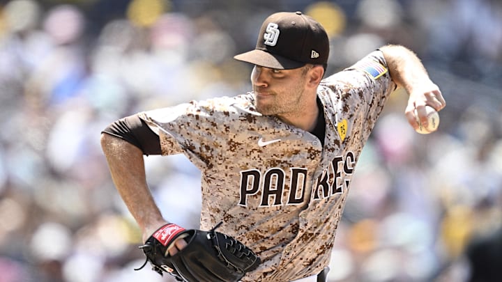 Jun 23, 2024; San Diego, California, USA; San Diego Padres relief pitcher Tom Cosgrove (59) pitches against the Milwaukee Brewers during the seventh inning at Petco Park. Mandatory Credit: Orlando Ramirez-Imagn Images Jun 23, 2024; San Diego, California, USA; San Diego Padres relief pitcher Tom Cosgrove (59) pitches against the Milwaukee Brewers during the seventh inning at Petco Park. Mandatory Credit: Orlando Ramirez-Imagn Images
