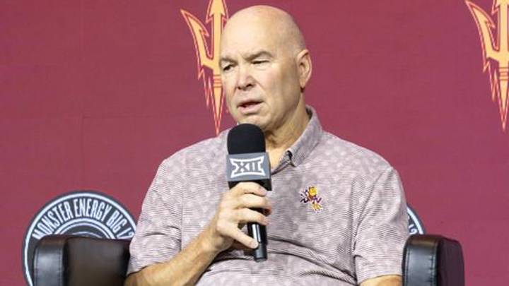 Oct 20, 2026; Kansas City, MO, USA; Arizona State coach Randy Bennett interviews during the Big 12 Media Days event at T-Mobile Center. Oct 20, 2026; Kansas City, MO, USA; Arizona State coach Randy Bennett interviews during the Big 12 Media Days event at T-Mobile Center.