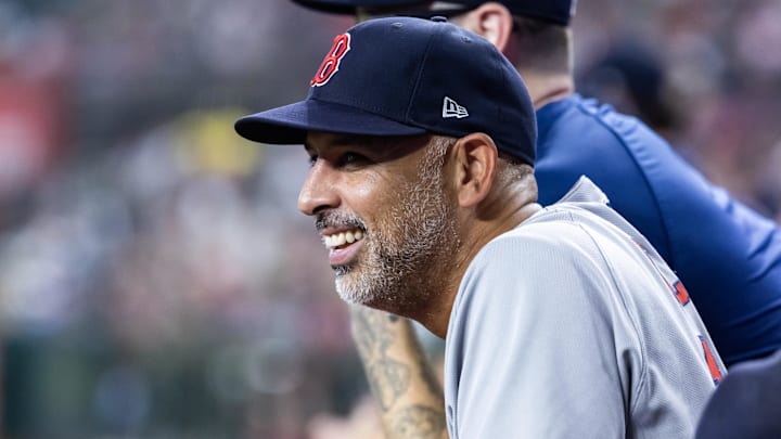 Sep 7, 2025; Phoenix, Arizona, USA; Boston Red Sox manager Alex Cora against the Arizona Diamondbacks at Chase Field. Mandatory Credit: Mark J. Rebilas-Imagn Images