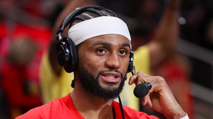 Mar 14, 2026; Atlanta, Georgia, USA; Atlanta Hawks guard Nickeil Alexander-Walker (7) does an interview after a victory over the Milwaukee Bucks at State Farm Arena. Mandatory Credit: Brett Davis-Imagn Images