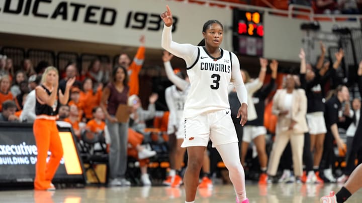 Oklahoma State Cowgirls guard Micah Gray (3) gestures after making a 3-pointer during a women's college basketball game between the Oklahoma State Cowgirls (OSU) and the Houston Cougars at Gallagher-Iba Arena in Stillwater, Saturday, Jan. 3, 2026. Oklahoma State won 83-52.