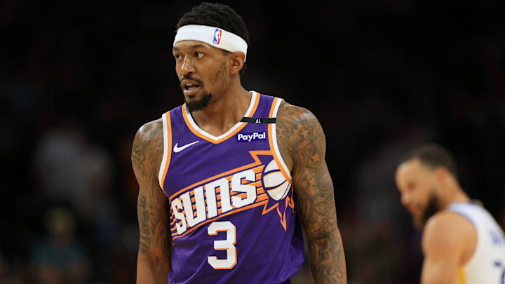 Apr 8, 2025; Phoenix, Arizona, USA; Phoenix Suns guard Bradley Beal (3) reacts during the first half against the Golden State Warriors at Footprint Center. Mandatory Credit: Mark J. Rebilas-Imagn Images