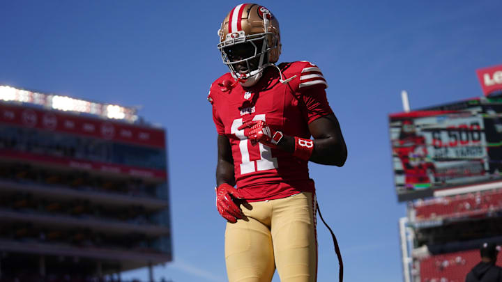 Oct 20, 2024; Santa Clara, California, USA; San Francisco 49ers wide receiver Brandon Aiyuk (11) walks on the field before the start of the game against the Kansas City Chiefs at Levi's Stadium. Mandatory Credit: Cary Edmondson-Imagn Images