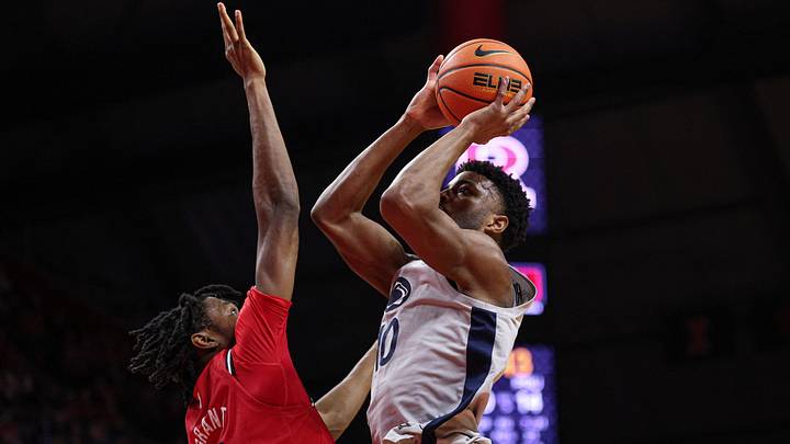 Penn State Nittany Lions forward Josh Reed (10) shoots the ball as Rutgers Scarlet Knights forward Dylan Grant (9) defends. Penn State Nittany Lions forward Josh Reed (10) shoots the ball as Rutgers Scarlet Knights forward Dylan Grant (9) defends.