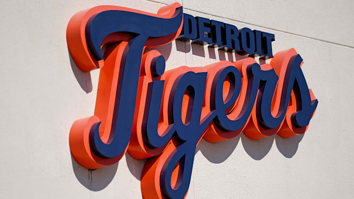 A general view of the Detroit Tigers script logo on the building at Publix Field at Joker Marchant Stadium