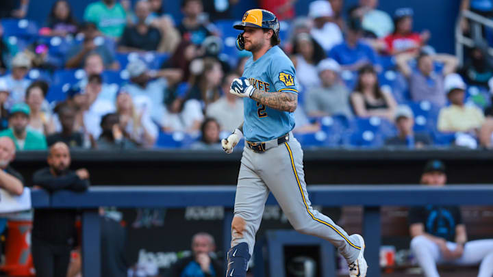Apr 18, 2026; Miami, Florida, USA; Milwaukee Brewers second baseman Brice Turang (2) rounds the bases after hitting a two-run home run against the Miami Marlins during the fifth inning at loanDepot Park. Mandatory Credit: Sam Navarro-Imagn Images