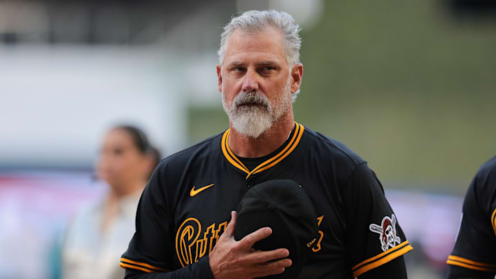 Mar 27, 2025; Miami, Florida, USA; Pittsburgh Pirates manager Derek Shelton (17) listen to the national anthem before the game against the Miami Marlins at loanDepot Park. Mandatory Credit: Sam Navarro-Imagn Images Mar 27, 2025; Miami, Florida, USA; Pittsburgh Pirates manager Derek Shelton (17) listen to the national anthem before the game against the Miami Marlins at loanDepot Park. Mandatory Credit: Sam Navarro-Imagn Images