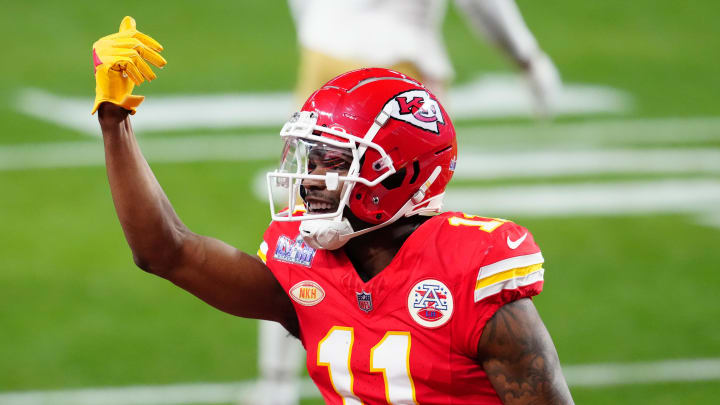 Feb 11, 2024; Paradise, Nevada, USA; Kansas City Chiefs wide receiver Marquez Valdes-Scantling (11) celebrates a touchdown catch against the San Francisco 49ers in the second half in Super Bowl LVIII at Allegiant Stadium. Mandatory Credit: Stephen R. Sylvanie-USA TODAY Sports