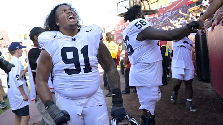 Penn State defensive tackle Dvon J-Thomas celebrates after the Nittany Lions' win over the USC Trojans. 