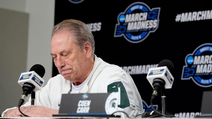 Michigan State basketball coach Tom Izzo pauses while telling a story to the media about his very first Sweet 16 during a press conference at Capital One Arena in Washington DC on Thursday, March 26, 2026. 
The Spartans plays the University of Connecticut on Friday evening.