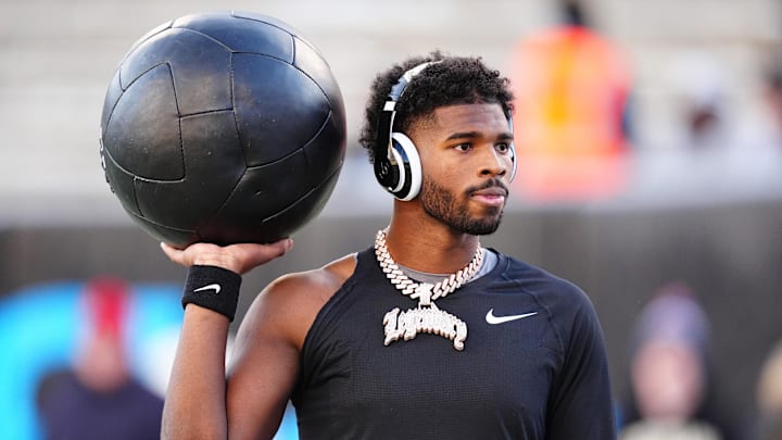 Nov 29, 2024; Boulder, Colorado, USA; Colorado Buffaloes quarterback Shedeur Sanders (2) before the game against the Oklahoma State Cowboys at Folsom Field. 