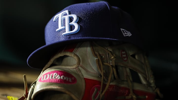 Apr 3, 2023; Washington, District of Columbia, USA; A general view of a Tampa Bay Rays hat and glove during the seventh inning of the game against the Washington Nationals at Nationals Park.