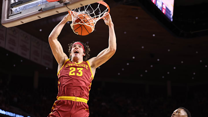 Dec 11, 2025; Ames, Iowa, USA; Iowa State Cyclones forward Blake Buchanan (23) scores on a dunk against the Iowa Hawkeyes during the first half at James H. Hilton Coliseum. Mandatory Credit: Reese Strickland-Imagn Images Dec 11, 2025; Ames, Iowa, USA; Iowa State Cyclones forward Blake Buchanan (23) scores on a dunk against the Iowa Hawkeyes during the first half at James H. Hilton Coliseum. Mandatory Credit: Reese Strickland-Imagn Images