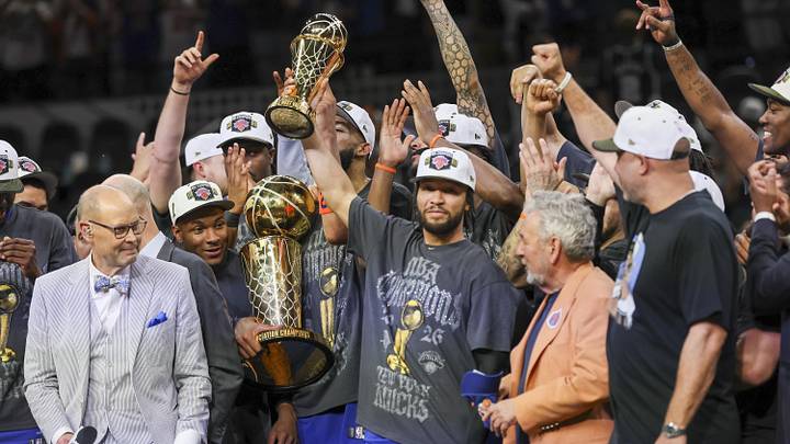 Jalen Brunson celebrates with his teammates after the Knicks defeat the Spurs in Game 5 of the 2026 NBA Finals. Jalen Brunson celebrates with his teammates after the Knicks defeat the Spurs in Game 5 of the 2026 NBA Finals.