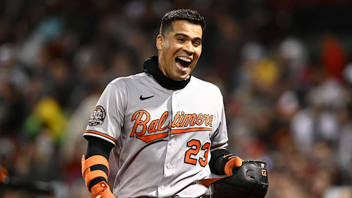 Sep 28, 2022; Boston, Massachusetts, USA; Baltimore Orioles catcher Robinson Chirinos (23) reacts after hitting a solo home run against the Boston Red Sox during the eighth inning at Fenway Park. 