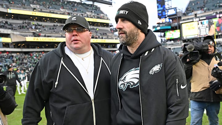 Dec 14, 2025; Philadelphia, Pennsylvania, USA; Philadelphia Eagles security officer Dom DiSandro and head coach Nick Sirianni on the field after win against the Las Vegas Raiders at Lincoln Financial Field. Mandatory Credit: Eric Hartline-Imagn Images