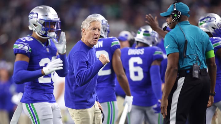Nov 30, 2023; Arlington, Texas, USA; Seattle Seahawks head coach Pete Carroll reacts during the first half against the Dallas Cowboys at AT&T Stadium.