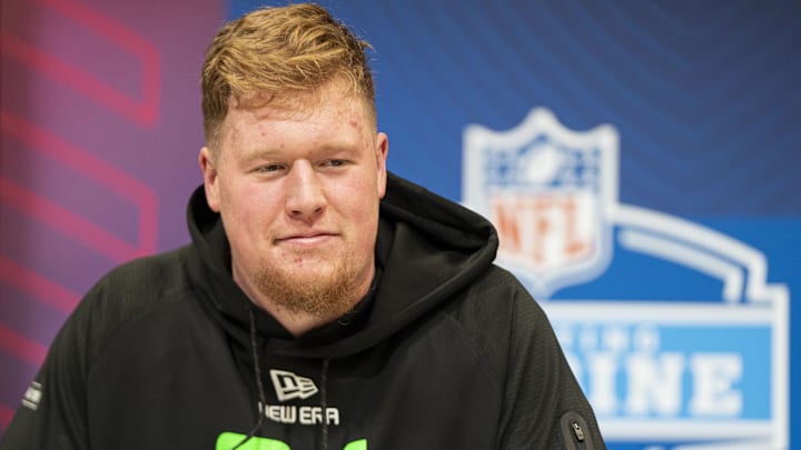 Mar 1, 2025; Indianapolis, IN, USA; University of Connecticut offensive lineman Chase Lundt (OL24) answers questions at a press conference during the 2025 NFL Combine at Indiana Convention Center. Mandatory Credit: Jacob Musselman-Imagn Images Mar 1, 2025; Indianapolis, IN, USA; University of Connecticut offensive lineman Chase Lundt (OL24) answers questions at a press conference during the 2025 NFL Combine at Indiana Convention Center. Mandatory Credit: Jacob Musselman-Imagn Images