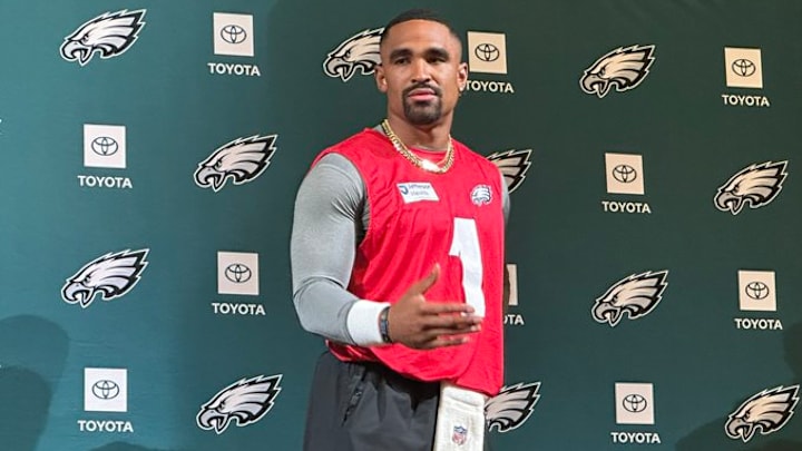 Eagles QB Jalen Hurts speaks with reporters on May 20, 2025. Eagles QB Jalen Hurts speaks with reporters on May 20, 2025.